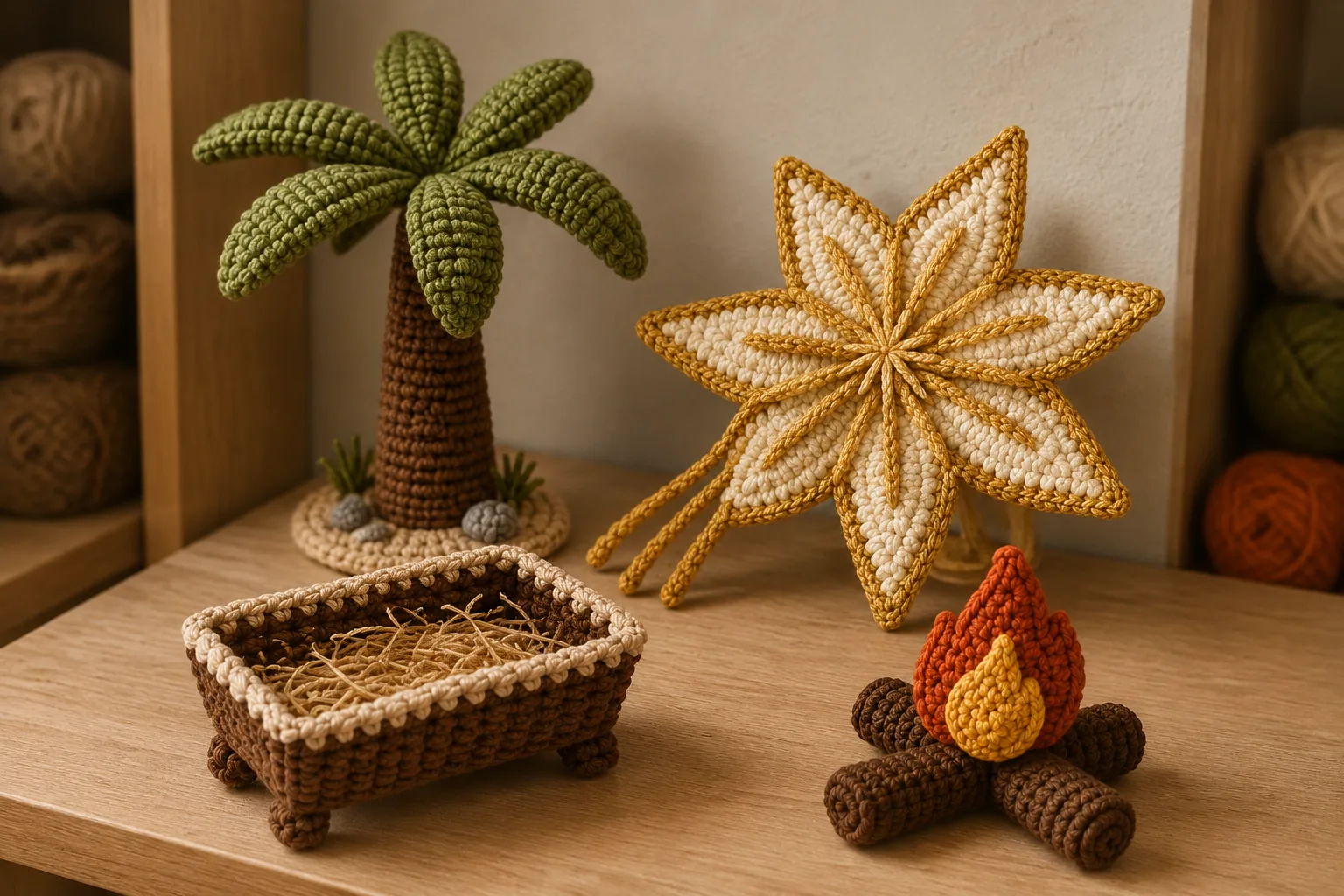 Palmeira, estrela, manjedoura e fogueira em amigurumi