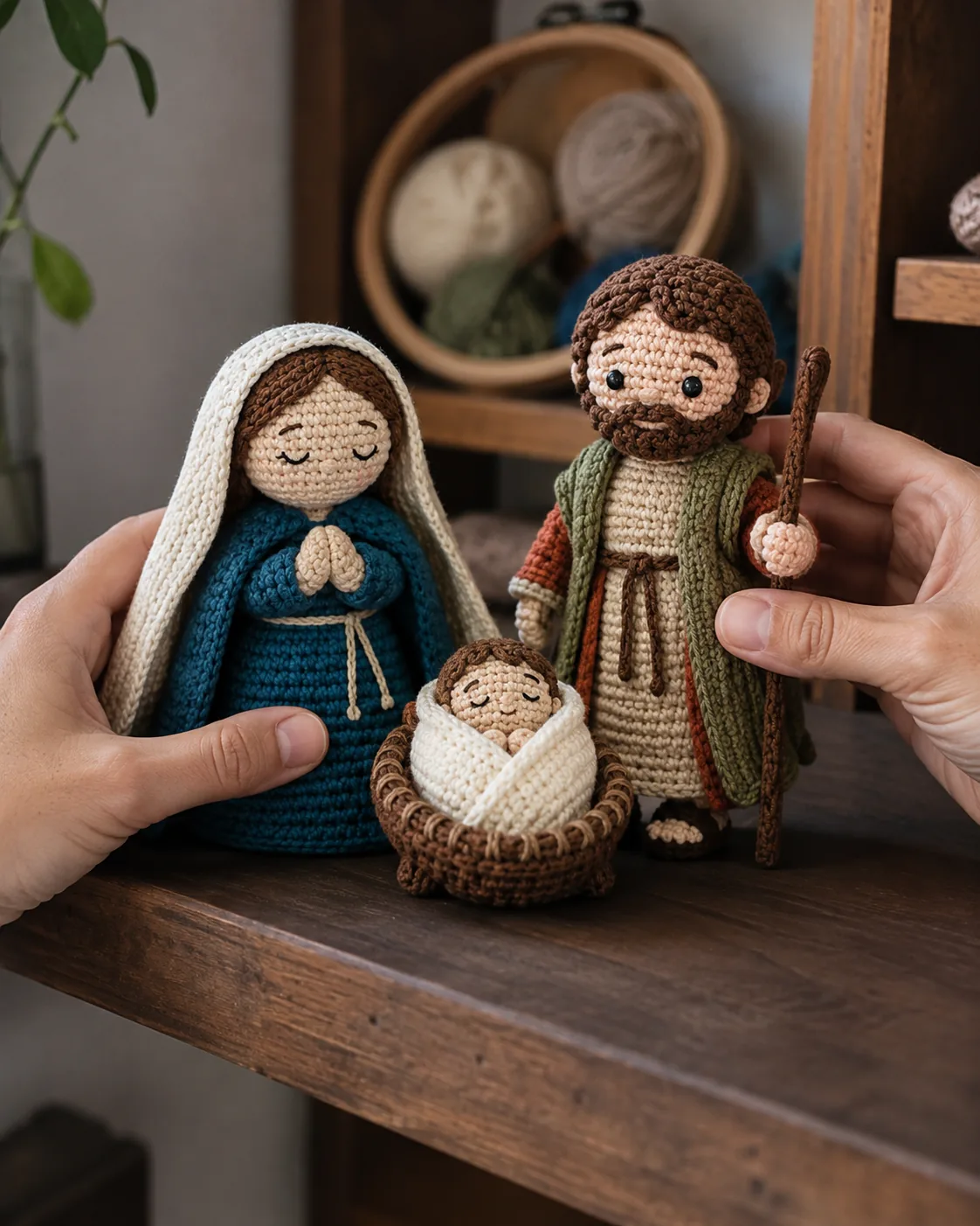 Maria, José e Menino Jesus em amigurumi