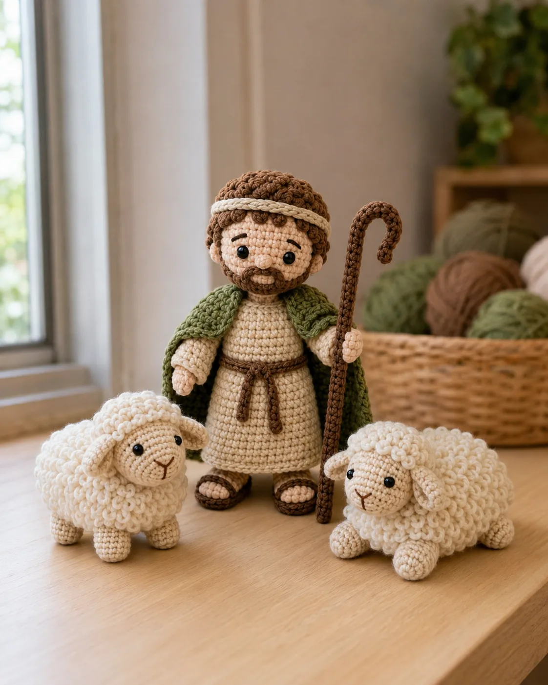 Pastor com duas ovelhas em amigurumi